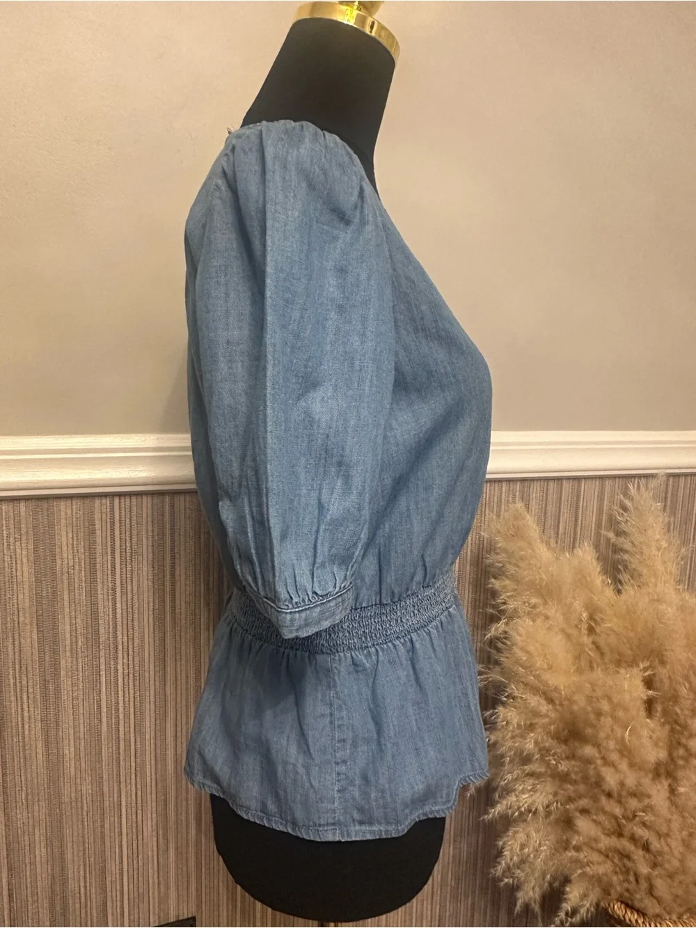 Madewell Chambray Smocked Waist Puff Sleeve Peplum Top NWT Size 2